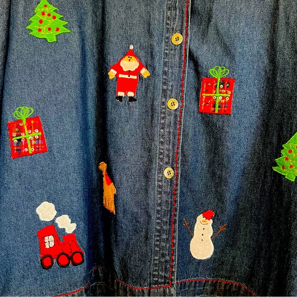 Womens Sz 1X Holiday Embroidered Button Down Denim Shirt Top New Direction - Picture 2 of 10